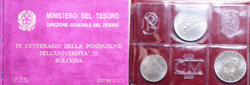 500 + 200 + 100 LIRE 1988 UNIVERSITA' DI BOLOGNA AG. 11+5+8 GR. IN ASTUCCIO FDC