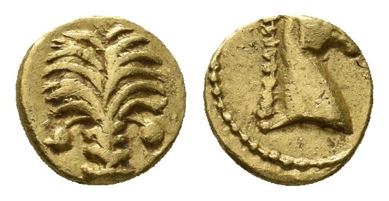 CARTHAGE. (Circa 350-320 BC) . GOLD 1/10 Stater.
Obv: Palm tree with two date c...