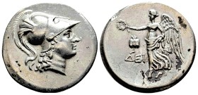 PAMPHYLIA. Side. (Circa 205-100 BC). AR Tetradrachm. Dein -, magistrate.
Obv: Helmeted head of Athena right.
Rev: ΔΕΙN.
Nike advancing left, holdin...