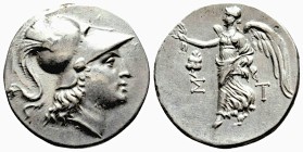 PAMPHYLIA. Side. (Circa 205-100 BC). AR Tetradrachm. Dein -, magistrate.
Obv: Helmeted head of Athena right.
Rev: Nike advancing left, holding wreat...