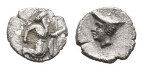 CILICIA. Uncertain.(Circa 4th BC). AR Tetartemorion.
Obv: Persian king or hero in kneeling-running stance right, holding dagger and bow
Rev: Head of...