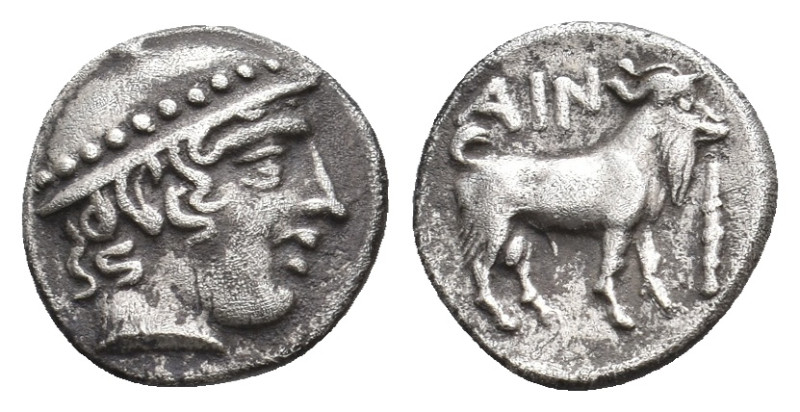 THRACE. Ainos. (Circa 429-427/6 BC). AR Diobol.
Obv: Head of Hermes right, wear...
