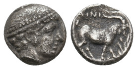 THRACE. Ainos. (Circa 409/8-408/7 BC). AR Diobol.
Obv: Head of Hermes right wearing petasos.
Rev: AINI.
Goat standing right; laurel branch to right...