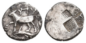 THRACE. Byzantion. (Circa 340-320 BC). AR Hemidrachm.
Obv: Bull standing left on dolphin left.
Rev: Stippled quadripartite incuse square.
SNG BM Bl...