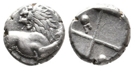 THRACE. Chersonesos. (Circa 386-338 BC). AR Hemidrachm.
Obv: Forepart of lion right, head left.
Rev: Quadripartite incuse square with alternating ra...