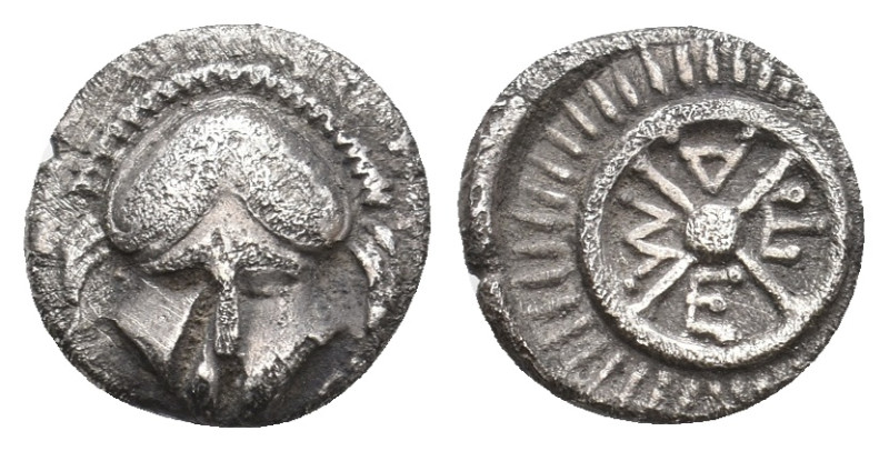 THRACE. Mesembria. (4th century BC). AR Diobol.
Obv: Facing helmet
Rev: META w...