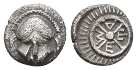 THRACE. Mesembria. (4th century BC). AR Diobol.
Obv: Facing helmet
Rev: META within spokes of wheel; radiating lines in margin.
Karayotov I 37-130;...