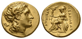 KINGS OF THRACE. (Macedonian). Lysimachos. (305-281 BC). Gold Stater .Pella, (286/5-282/1.)
Obv: Head of Alexander the Great to right, with horn of A...