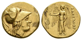 KINGS OF MACEDON. Alexander III 'the Great' (336-323 BC). GOLD Stater. Uncertain mint in western Asia Minor.
Obv: Head of Athena right, wearing Corin...