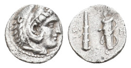 KINGS OF MACEDON. Alexander III 'the Great' (336-323 BC). AR Hemiobol. Uncertain eastern mint.
Obv: Head of Herakles right, wearing lion skin.
Rev: ...