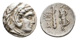 KINGS OF MACEDON. Alexander III 'the Great' (336-323 BC). AR Hemiobol. Babylon.
Obv: Head of Herakles right, wearing lion skin.
Rev: Club, bow and q...