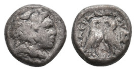 KINGS OF MACEDON. Alexander III 'the Great' (336-323 BC). AR Diobol. Amphipolis.
Obv: Head of Herakles right, wearing lion skin.
Rev: AΛEΞAN.
Two c...