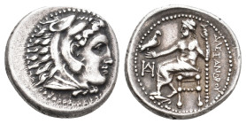 KINGS OF MACEDON. Alexander III 'the Great' (336-323 BC). AR Drachm. Miletos.
Obv: Head of Herakles right, wearing lion skin.
Rev: AΛEΞANΔPOY.
Zeus...
