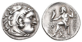 KINGS OF MACEDON. Alexander III 'the Great' (336-323 BC). AR Drachm. Teos.
Obv: Head of Herakles right, wearing lion skin.
Rev: AΛΕΞΑΝΔΡΟΥ. Zeus sea...