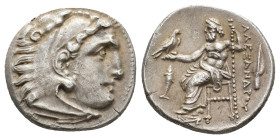 KINGS OF MACEDON. Alexander III 'the Great' (336-323 BC). AR Drachm. Kolophon.
Obv: Head of Herakles right, wearing lion skin.
Rev: AΛΕΞΑΝΔΡΟΥ.
Zeu...
