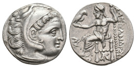 KINGS OF MACEDON. Alexander III 'the Great' (336-323 BC). AR Drachm. Kolophon.
Obv: Head of Herakles right, wearing lion skin.
Rev: ΑΛΕΞΑΝΔΡΟΥ.
Zeu...