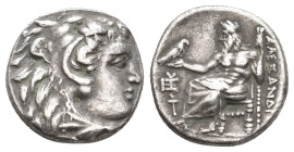 KINGS OF MACEDON. Alexander III 'the Great' (336-323 BC). AR Drachm. Sardes.
Obv: Head of Herakles right, wearing lion skin.
Rev: AΛΕΞΑΝΔΡΟΥ.
Zeus ...