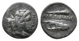 KINGS OF MACEDON. Alexander III 'the Great' (336-323 BC). Ae 1/4 Unit. Uncertain mint in Western Asia Minor.
Obv: Head of Herakles right, wearing lio...