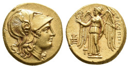 KINGS OF MACEDON. Philip III Arrhidaios. (323-317 BC). GOLD Stater. Sardes mint.
Obv: Helmeted head of Athena right.
Rev: ΦIΛIΠΠOY.
Nike standing l...