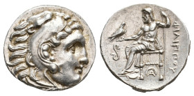 KINGS OF MACEDON. Philip III Arrhidaios (323-317 BC). AR Drachm. Lampsakos.
Obv: Head of Herakles right, wearing lion skin.
Rev: ΦIΛIΠΠOY.
Zeus sea...