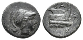 KINGS OF MACEDON. Demetrios I Poliorketes (306-283 BC). Uncertain mint in Caria(?).Ae.
Obv: Helmeted head of Athena right.
Rev: BA.
Prow right; lab...