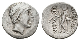 SELEUKID KINGDOM. Seleukos II Kallinikos. (246-225 BC). AR Obol. Nisibis.
Obv: Diademed head right
Rev: Apollo Delphios standing left, leaning on tr...