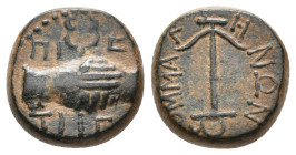 KINGS OF COMMAGENE. Antiochos IV Epiphanes, (AD 38-72). Ae.
Obv: ΠI-Σ/TI-Σ
Clasped hands holding kerykeion.
Rev: KOMMAΓHNΩN
Anchor.
RPC I 3863.
...