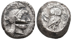 ATTICA. Athens, AR, Tetradrachm. 515 BCE - 482 BCE
Obv: Athena head of right; archaic style. Test cut over face.
Rev: ΑΘΕ.
Owl standing, right; hea...