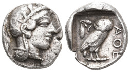 ATTICA. Athens (Circa 454-404 BC). AR Tetradrachm
Obv: Helmeted head of Athena right, with frontal eye.
Rev: AΘE.
Owl standing right, head facing; ...