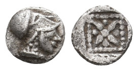ASIA MINOR. Uncertain mint. (5th century BC). AR Hemiobol
Obv:Helmeted head of Athena right
Rev: Star of four rays; pellets between rays; all within...