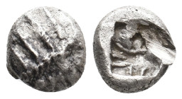 ASIA MINOR. Uncertain. (Circa 5th Century BC). AR Diobol
Obv: Facing stylized head of a lion with spiky mane.
Rev: Rough incuse square with central ...