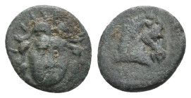 ASIA MINOR. Uncertain. (Circa 4th Century BC). Ae.
Obv: Facing head of Apollo, looking slightly to right.
Rev: Head of horse right.
Probably unpubl...