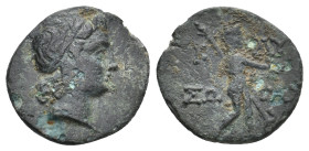 ASIA MINOR. Uncertain. (Circa 4th-3rd Century BC). Ae
Obv: Laureate head of Apollo right
Rev: K AY ΣΩ T(Γ) A
Dionysos walkin right, holding Thrysos...