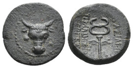 KINGS of PAPHLAGONIA. Pylaimenes II/III. (circa 133-103 BC). AE
Obv: Head of bull facing.
Rev: ΒΑΣΙΛΕΩΣ ΠΥΛΑΙΜΕΝΟΥ ΕΥΕΡΓΕΤ[ΟΥ]
Winged kerykeion.
S...