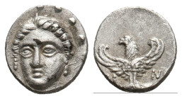 PAPHLAGONIA. Sinope. (Circa 330-300 BC). AR Trihemiobol
Obv. Head of Sinope facing slightly left.
Rev. ΣI-NΩ
Eagle flying upward, head left.
SNG B...