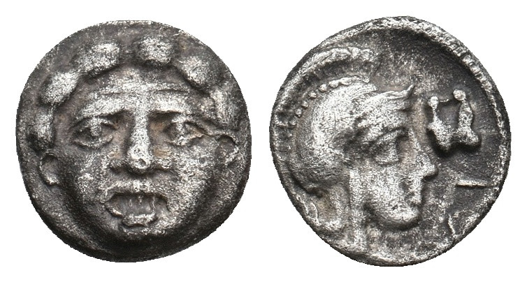 PISIDIA. Selge. (Circa 350-300 BC). AR Obol
Obv: Facing gorgoneion.
Rev: Helme...