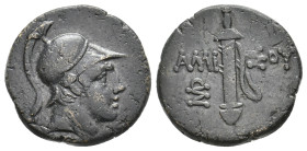 PONTOS. Amisos. Time of Mithradates VI (Circa 111-105 or 95-90 BC). Ae.
Obv: Helmeted head of Ares right.
Rev: AMI - ΣOY.
Sword in sheath; monogram...