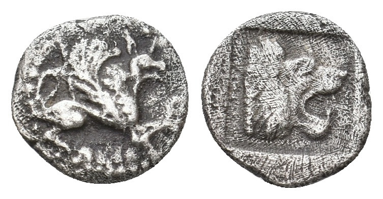 TROAS. Assos. (Circa 500-450 BC). AR Obol.
Obv: Griffin seated to right, raisin...