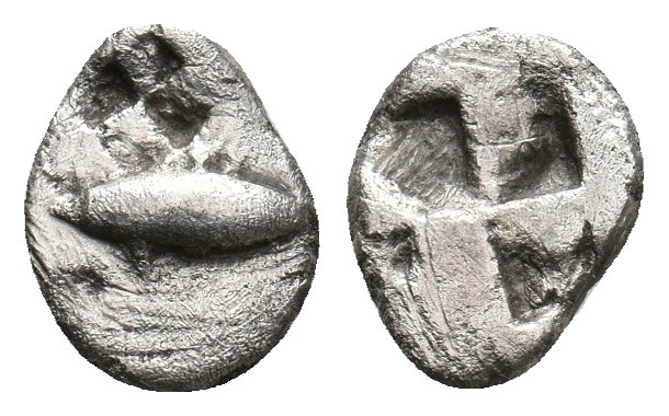 MYSIA. Kyzikos. (Circa 520-480 BC). AR Hemiobol.
Obv: Tunny fish swimming left....