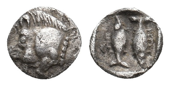 MYSIA. Kyzikos. (Circa 450-400 BC). AR Tetartemorion.
Obv: Forepart of boar lef...