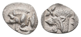 MYSIA. Kyzikos. (Circa 450-400 BC). AR Hemiobol.
Obv: Forepart of boar left; to right, tunny upward.
Rev: Head of roaring lion left; star to upper l...