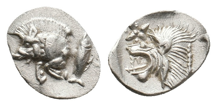 MYSIA. Kyzikos. (Circa 450-400 BC). AR Hemiobol.
Obv: Forepart of boar left; to...