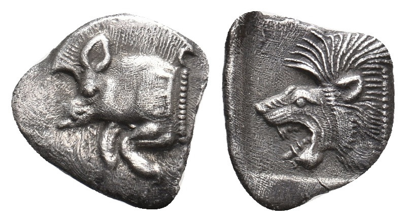 MYSIA. Kyzikos. (Circa 450-400 BC). AR Obol.
Obv: Forepart of boar left, with Ǝ...