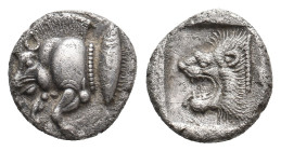 MYSIA. Kyzikos. (Circa 450-400 BC). AR Diobol.
Obv: Forepart of boar left; to right, tunny upwards.
Rev: Head of lion left within incuse square.
SN...