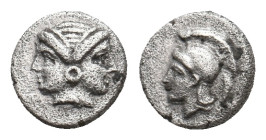 MYSIA. Lampsakos. (Circa 500-450 BC). AR Hemiobol.
Obv: Janiform female head.
Rev: Attic helmeted head of Athena or female left.
Unpublished standa...