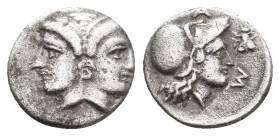 MYSIA. Lampsakos. (4th-3rd centuries BC). AR Diobol
Obv: Janiform female head.
Rev: [Λ]AM.
Helmeted head of Athena right; bee to right; all within ...