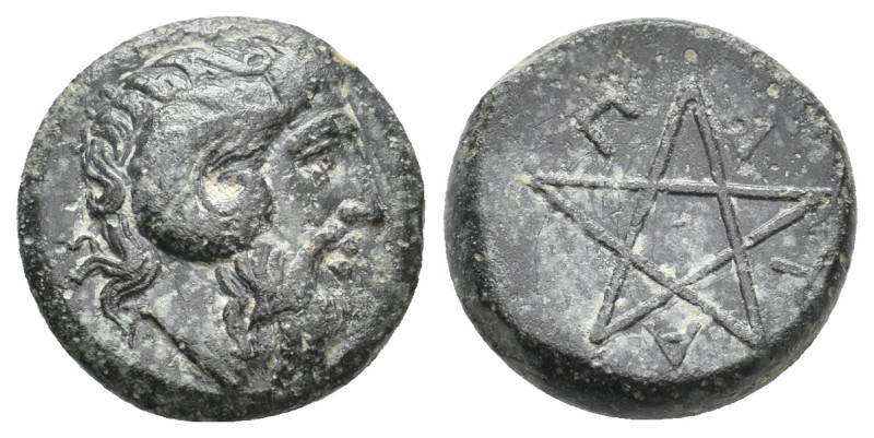 MYSIA. Pitane. (4th-3rd century BC). Ae.
Obv: Head of Zeus Ammon right.
Rev: Π...