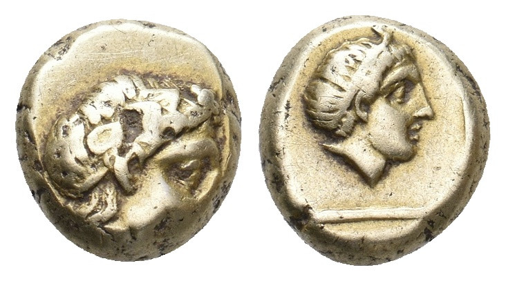 LESBOS. Mytilene. (Circa 377-326 BC). EL Hekte.
Obv: Head of Dionysos right, we...