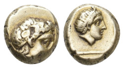 LESBOS. Mytilene. (Circa 377-326 BC). EL Hekte.
Obv: Head of Dionysos right, wearing ivy wreath.
Rev: Head of youthful male (Pan?) right, wearing ta...
