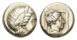 LESBOS. Mytilene. (Circa 377-326 BC). EL Hekte.
Obv: Laureate head of Apollo (or Dionysos?) right.
Rev: Female head (Artemis?) right within linear s...